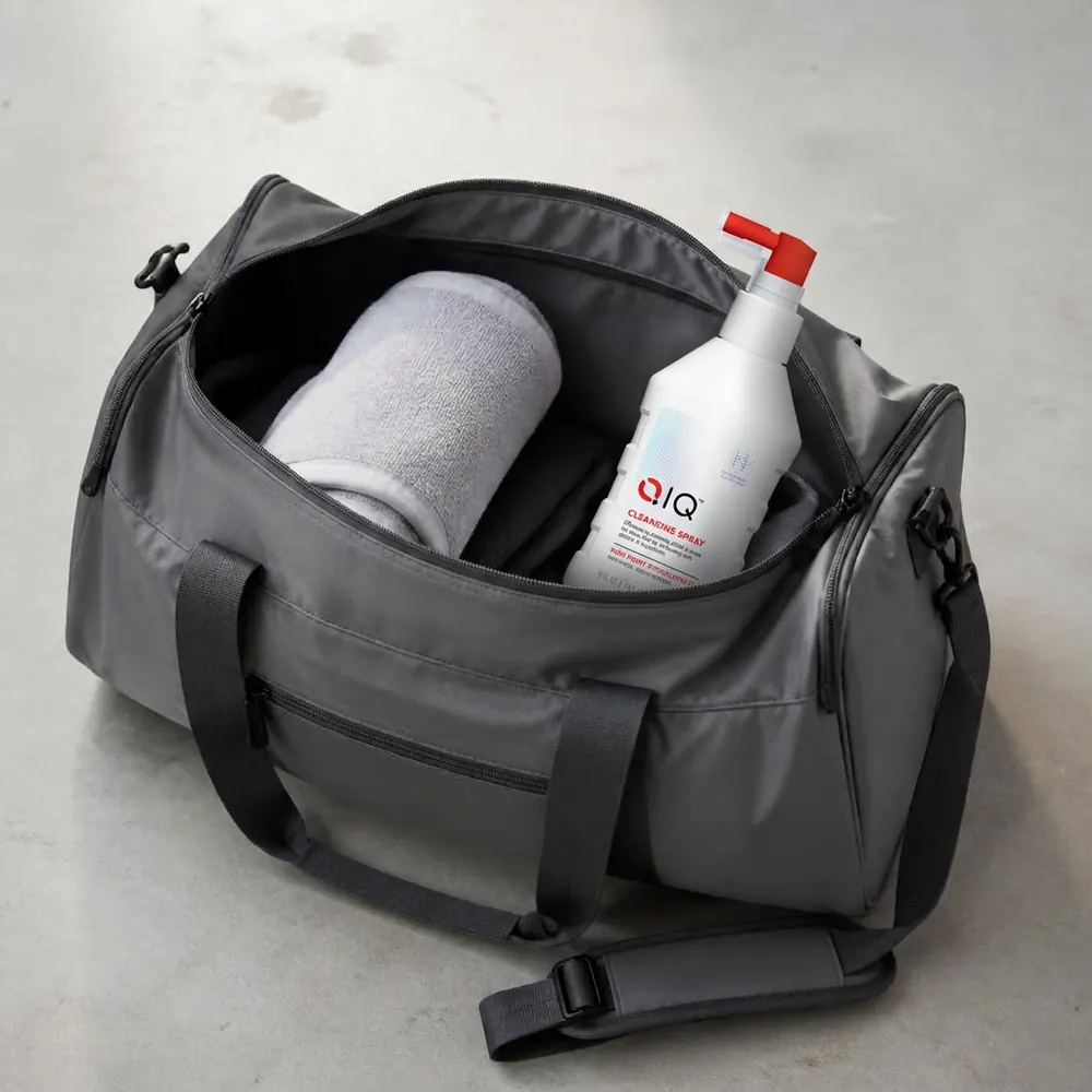 QIQ Skin Savior Cleansing Spray tucked into a gym duffel bag with a towel